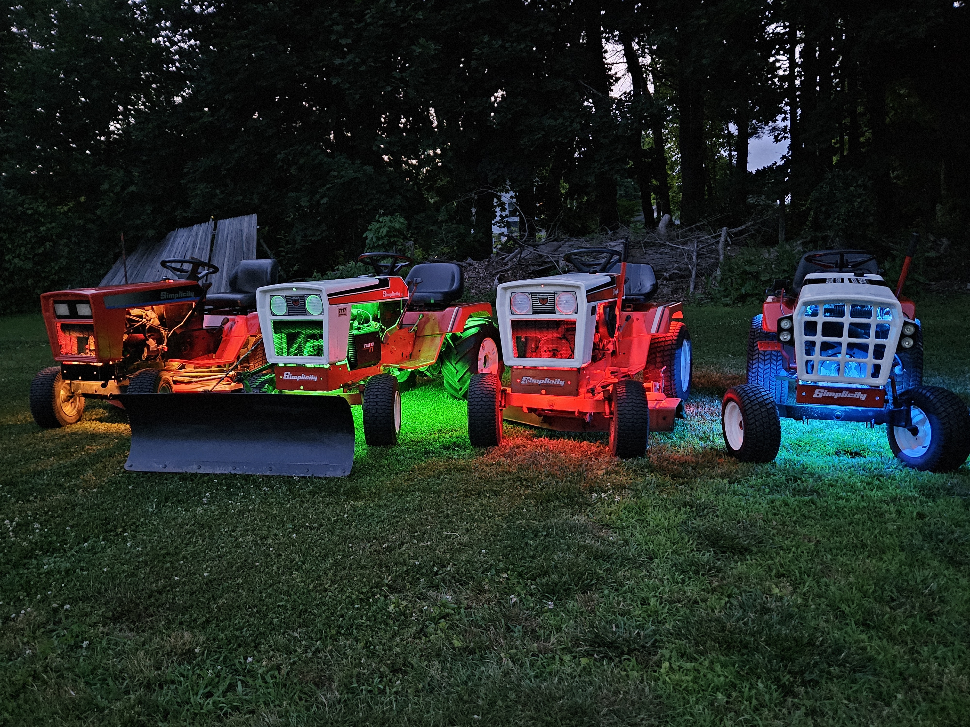 Simplicity tractors with LED underglow at night