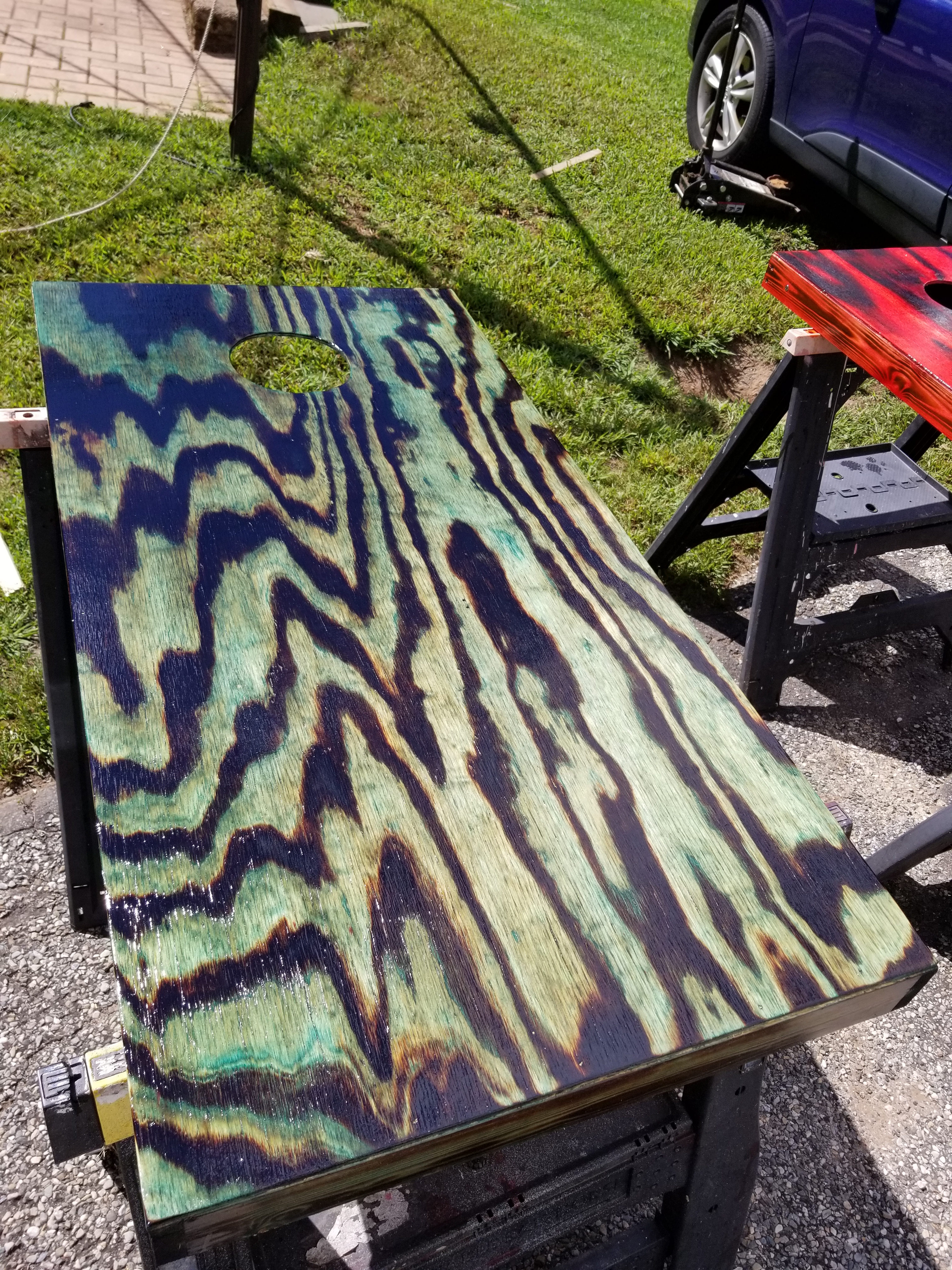 Custom cornhole board - blue and green