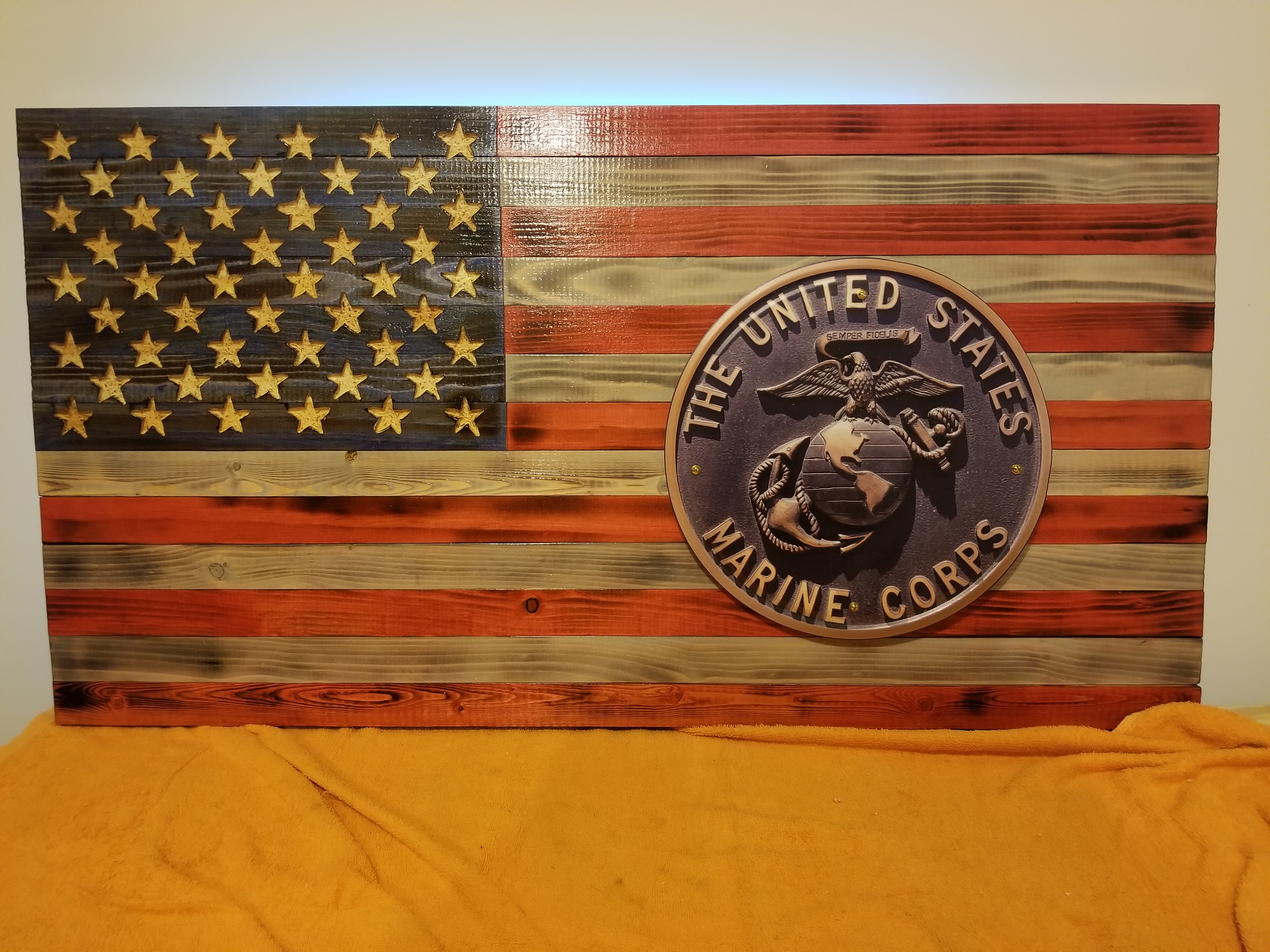 Wooden American flag with Marine Corps emblem