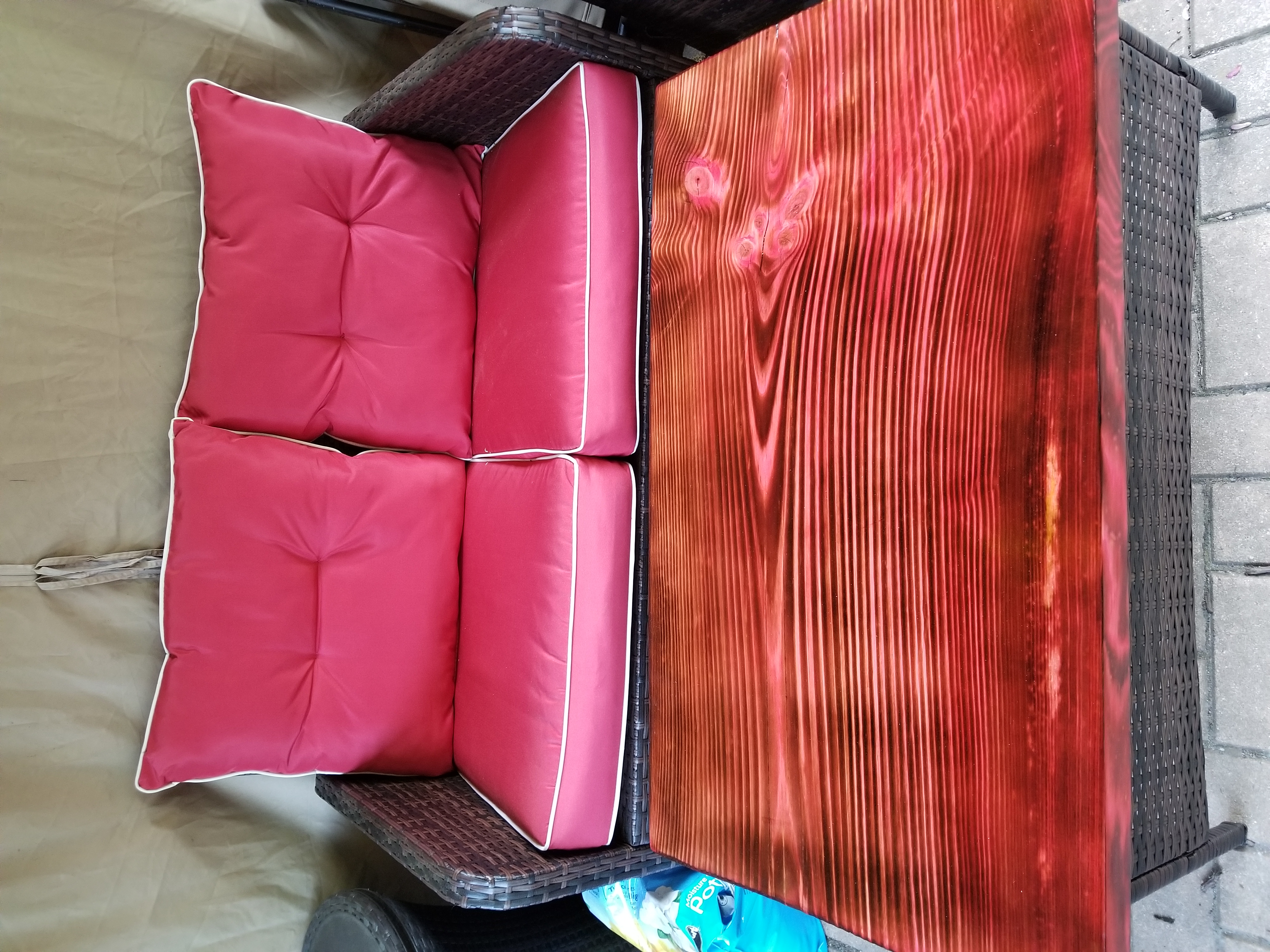 Wood slab patio table top - red finish