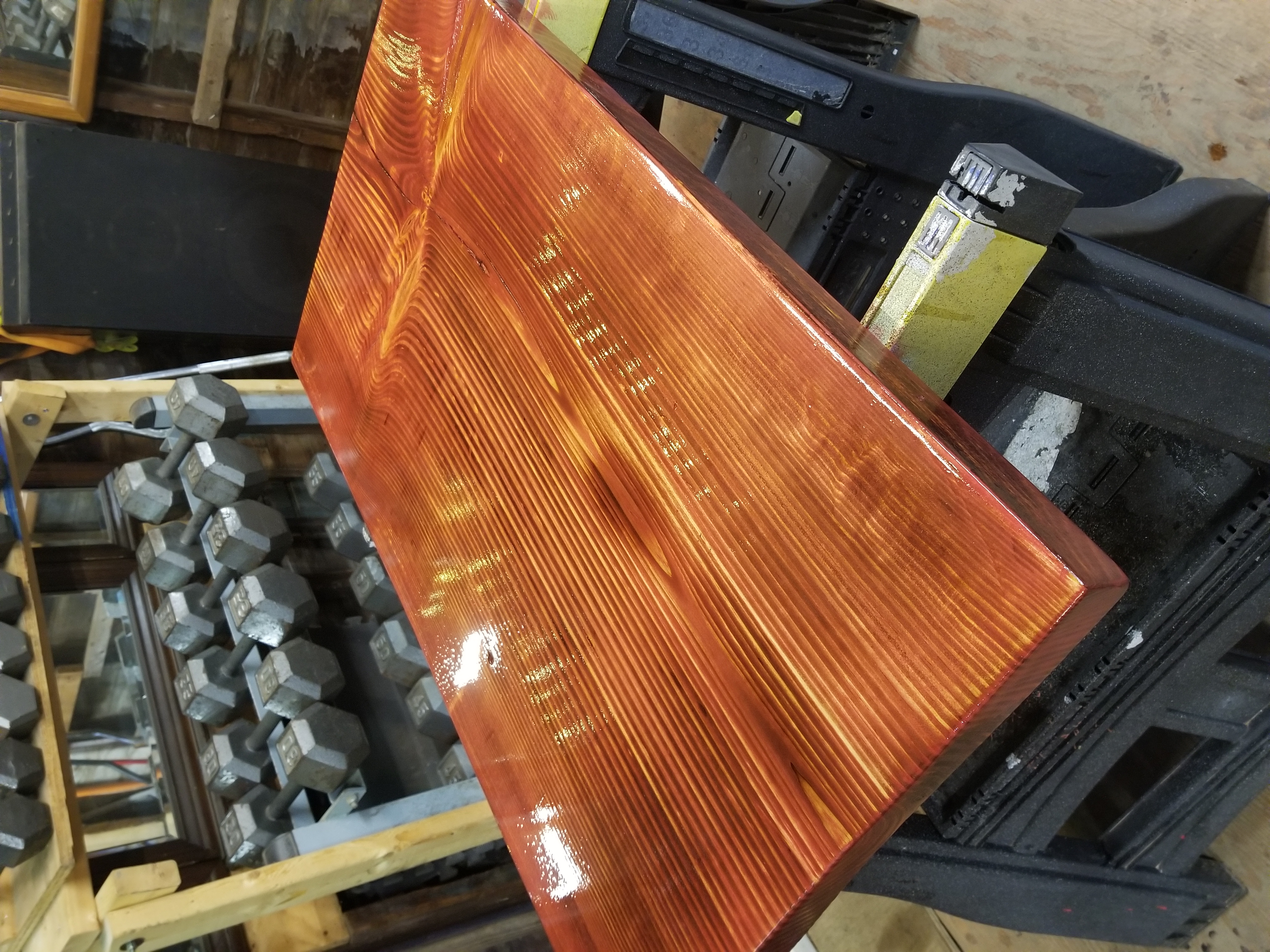 Wood slab patio table top - amber finish